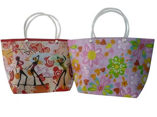 Eco-friendly Recyclable Flowers Purple PP Woven Shopping Bag With PVC Handle