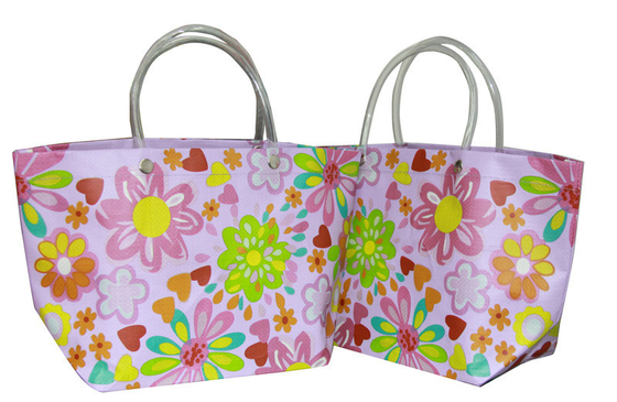 Eco-friendly Recyclable Flowers Purple PP Woven Shopping Bag With PVC Handle